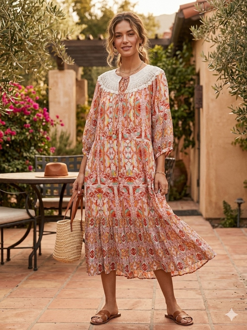 Anthropologie Florence Floral Lace Tiered Boho Dress XS Crochet Yoke